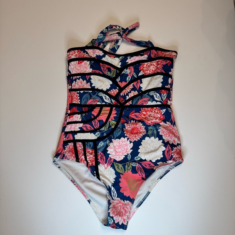 Cupshe Cottagecore Floral Halter One Piece Swimsuit Navy Pink Small